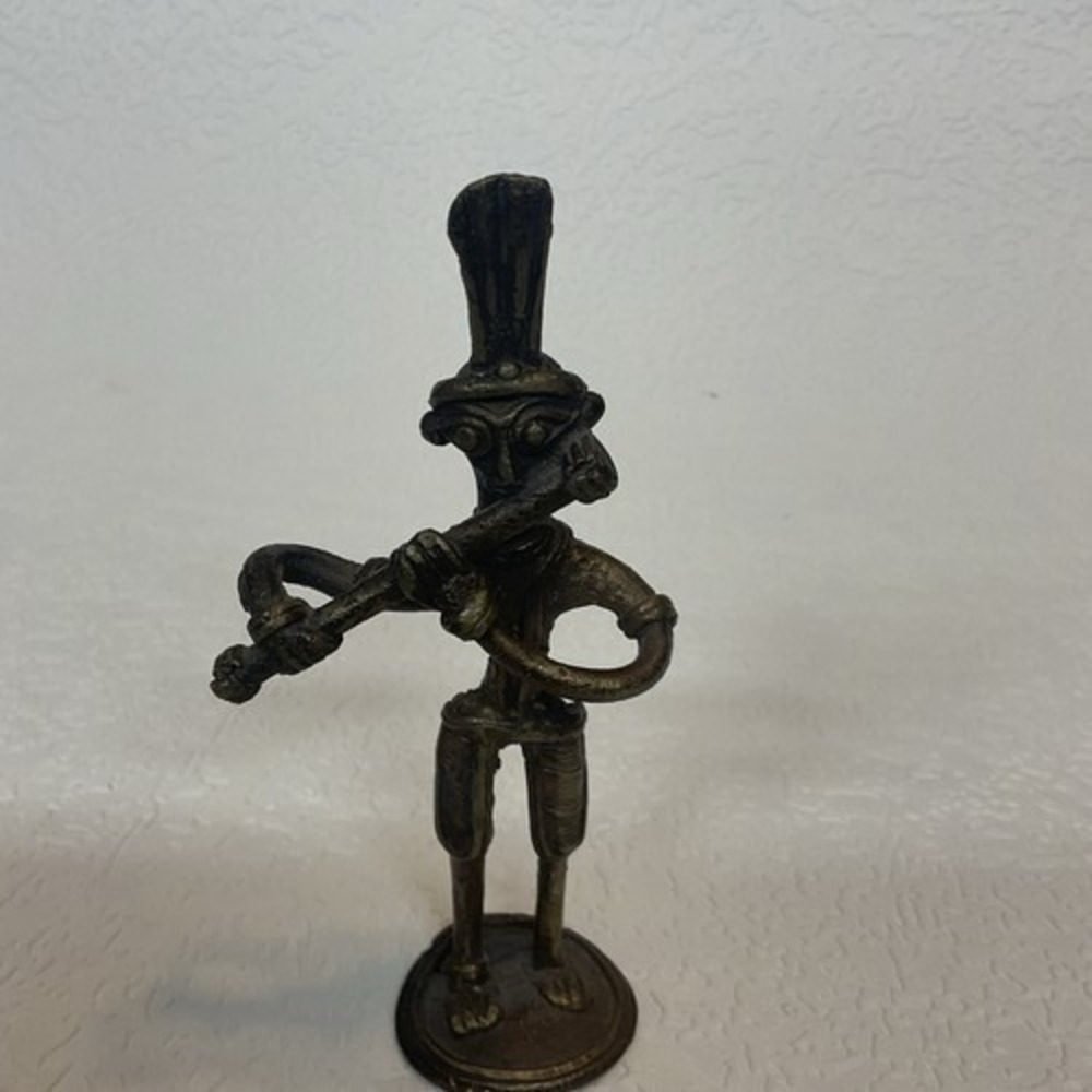 VTG Handmade Dhokra‎ Brass Musician Figurine Playing a Flute Folk Art India 5.5"